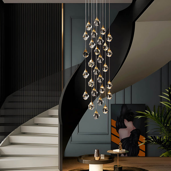 Lustre Cristal Gouttes Dorées pour Escalier et Entrée