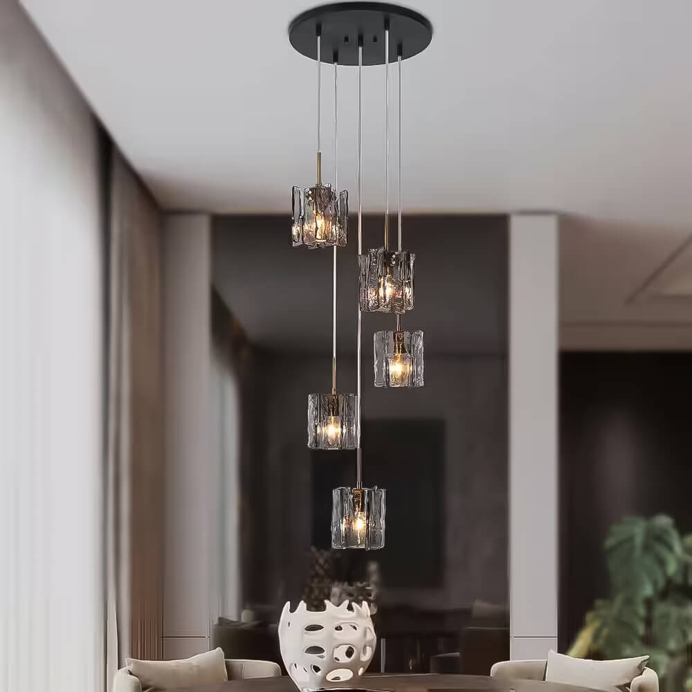 Lustre 5 Globes Verre Gris Moderne - Escalier Foyer Salon pour Salle à Manger