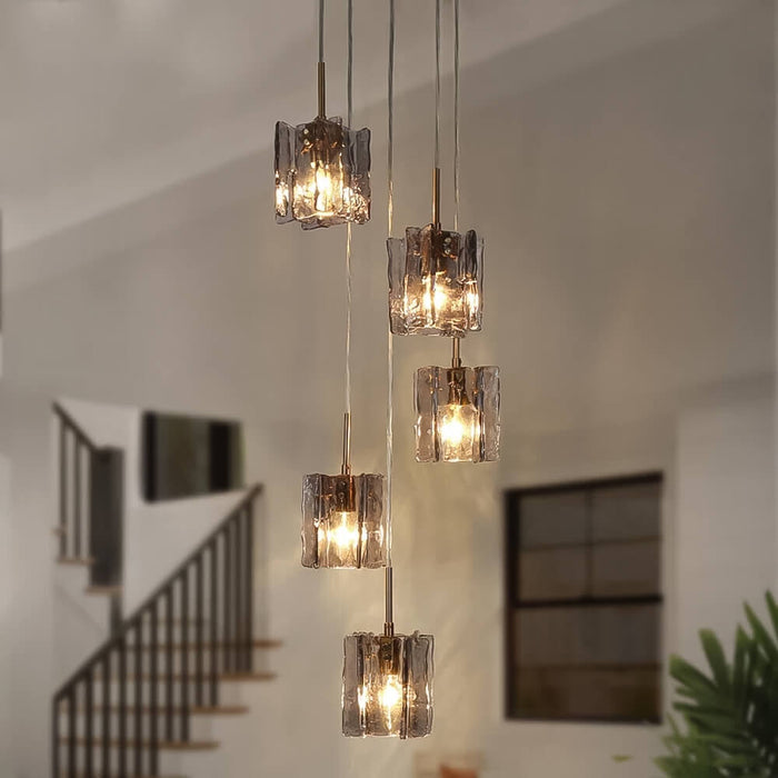 Lustre 5 Globes Verre Gris Moderne - Escalier Foyer Salon pour Salle à Manger