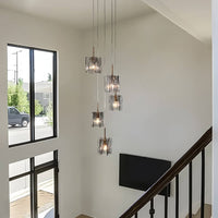 Lustre 5 Globes Verre Gris Moderne - Escalier Foyer Salon pour Salle à Manger