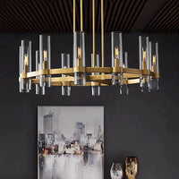 Lustre Tube Verre Transparent Doré pour Salle à Manger