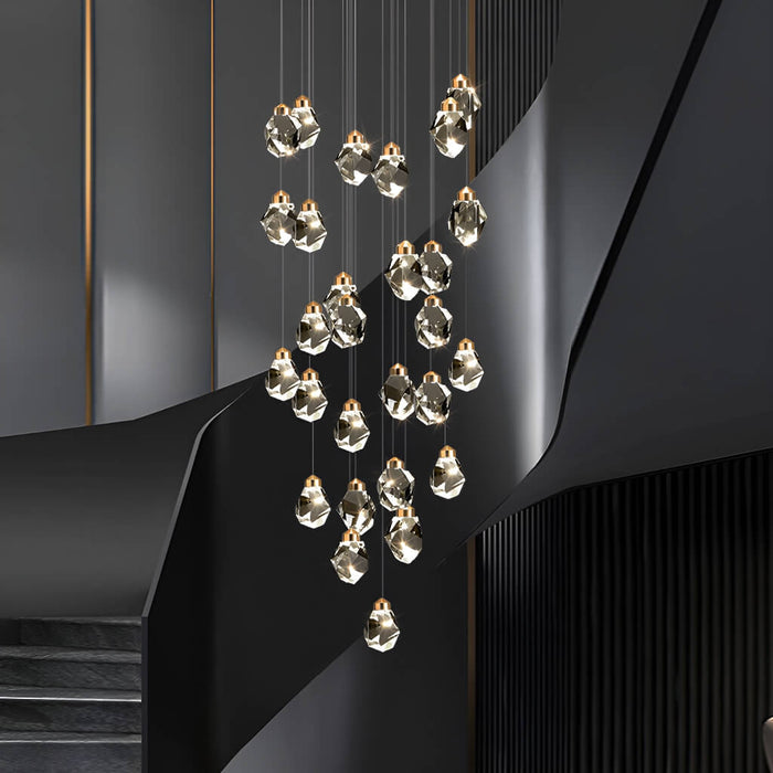 Lustre Cristal Gouttes Dorées pour Escalier et Entrée