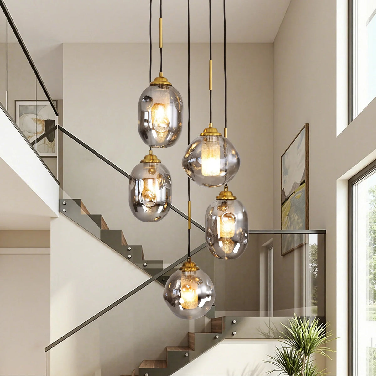 Lustre Verre Effet Lave Multi Lumières pour Escalier et Entrée