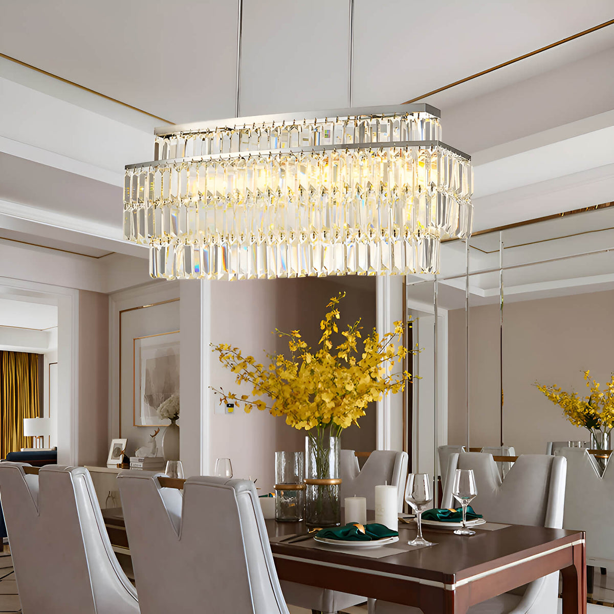 Lustre Rectangulaire Cristal Salle à Manger Étagé allumé ambiance