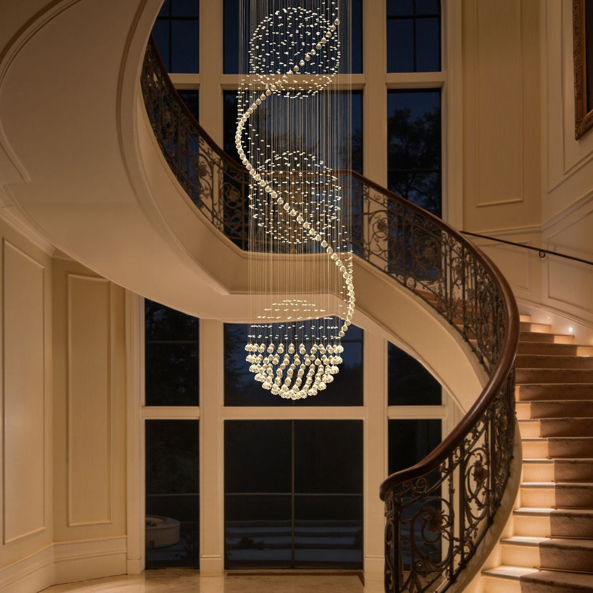 Lustre Spirale Cristal Triple Sphère pour Escalier et Entrée