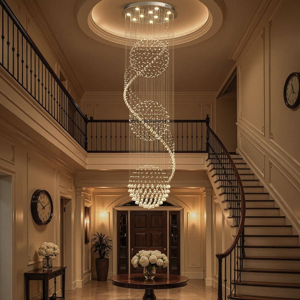 Lustre Spirale Cristal Triple Sphère pour Escalier et Entrée