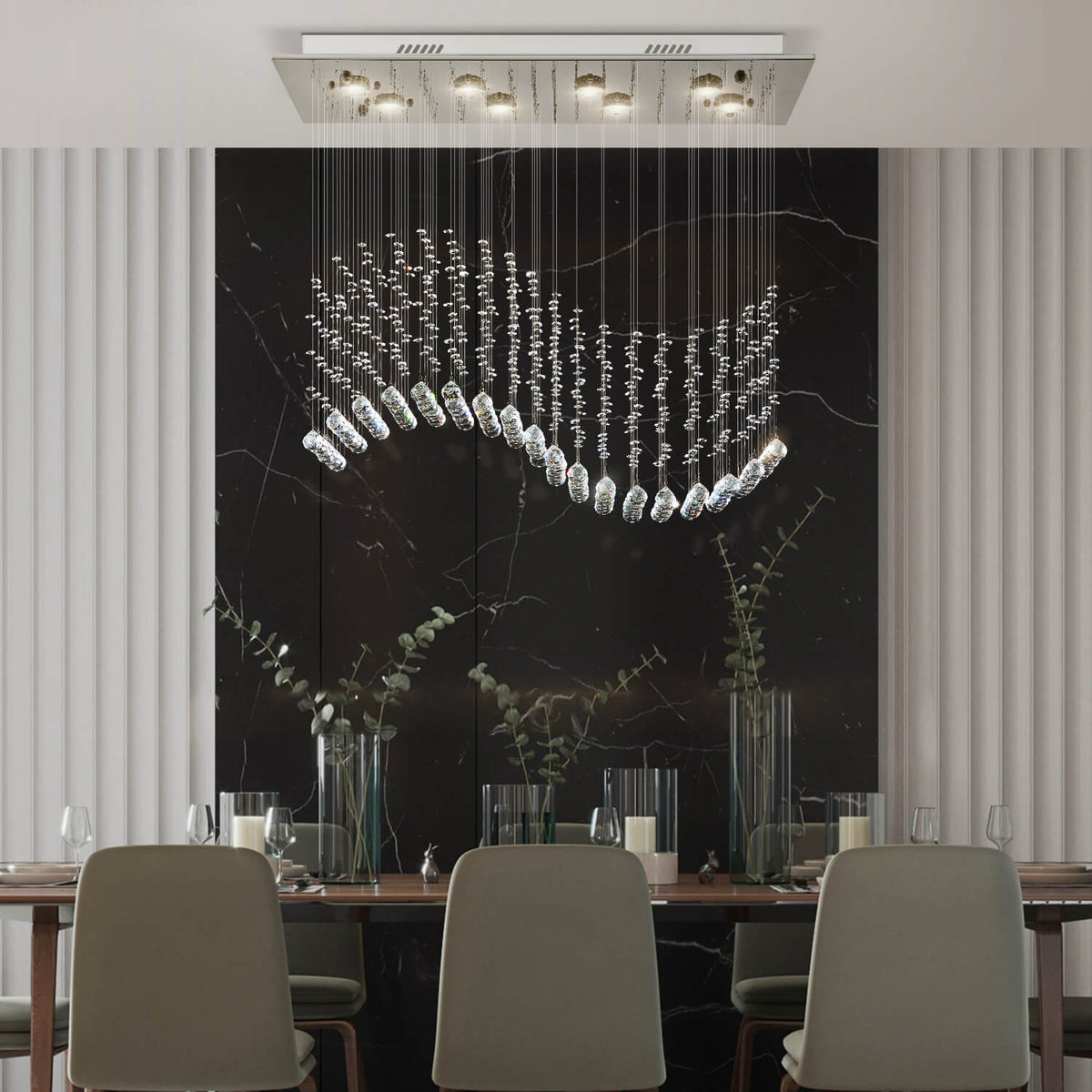 Lustre Rectangulaire Cristal Argenté Vague en situation
