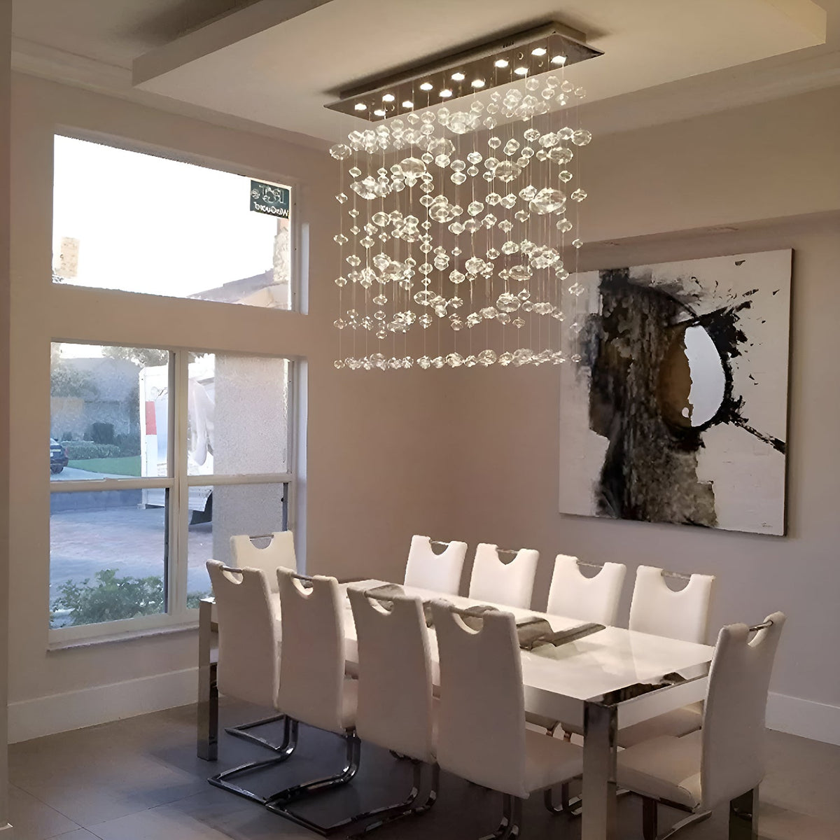 Lustre Rectangulaire Cristal Salle à Manger 8 Lumières allumé ambiance