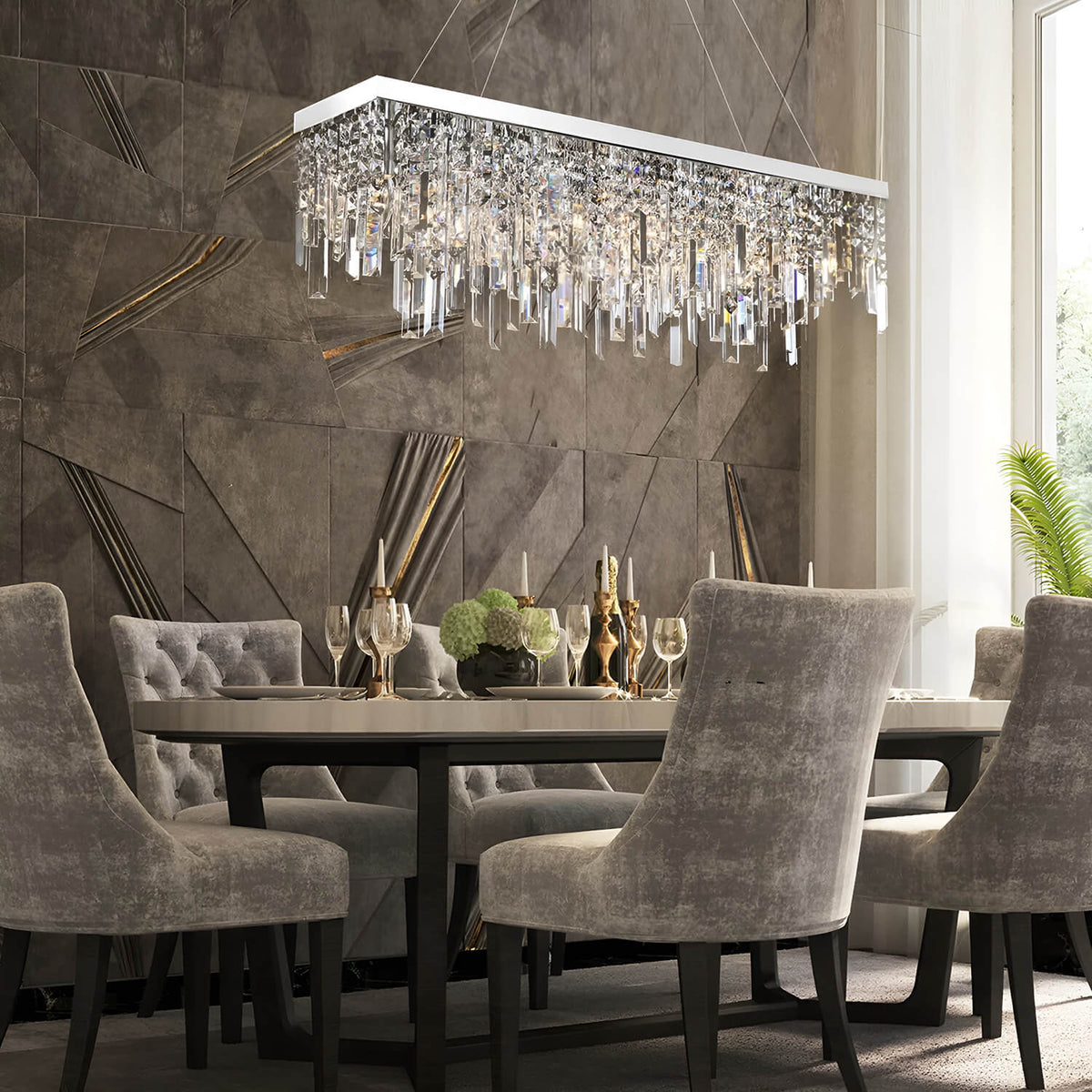Lustre Rectangulaire Cristal Argenté 4 Lumières