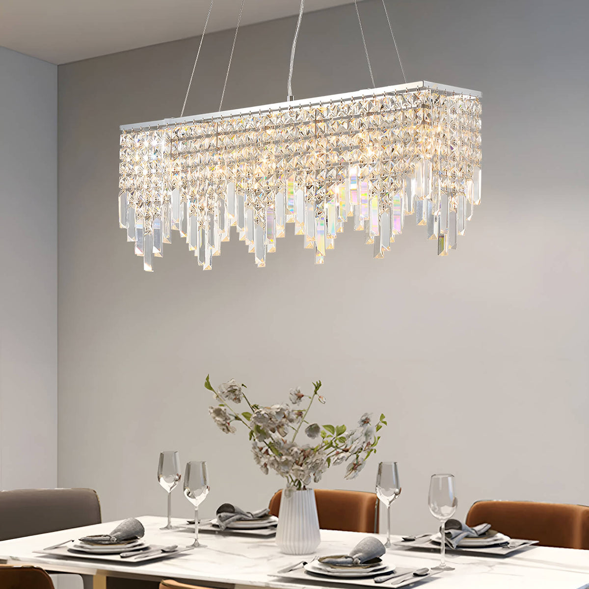 Lustre Rectangulaire Cristal Argenté 4 Lumières en situation
