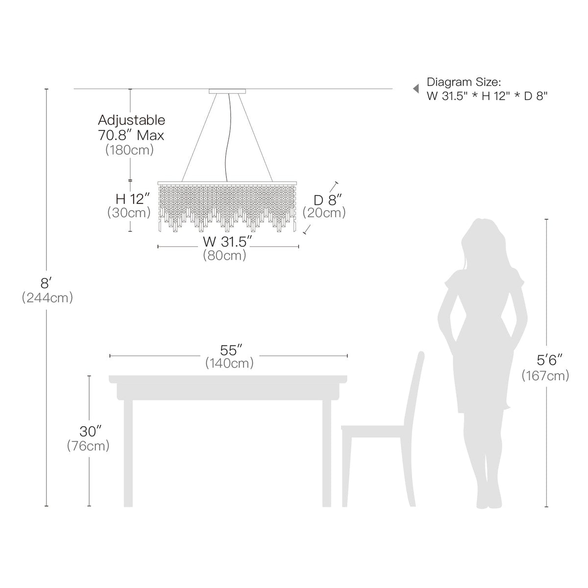 Lustre Rectangulaire Cristal Argenté 4 Lumières suspendu