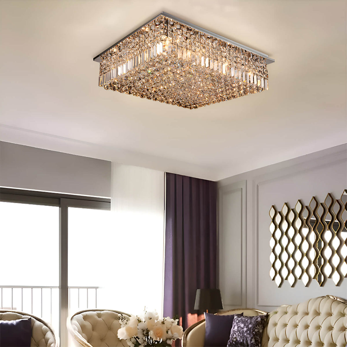 Lustre Rectangulaire Cristal Argenté 16 Lumières vue d'ensemble