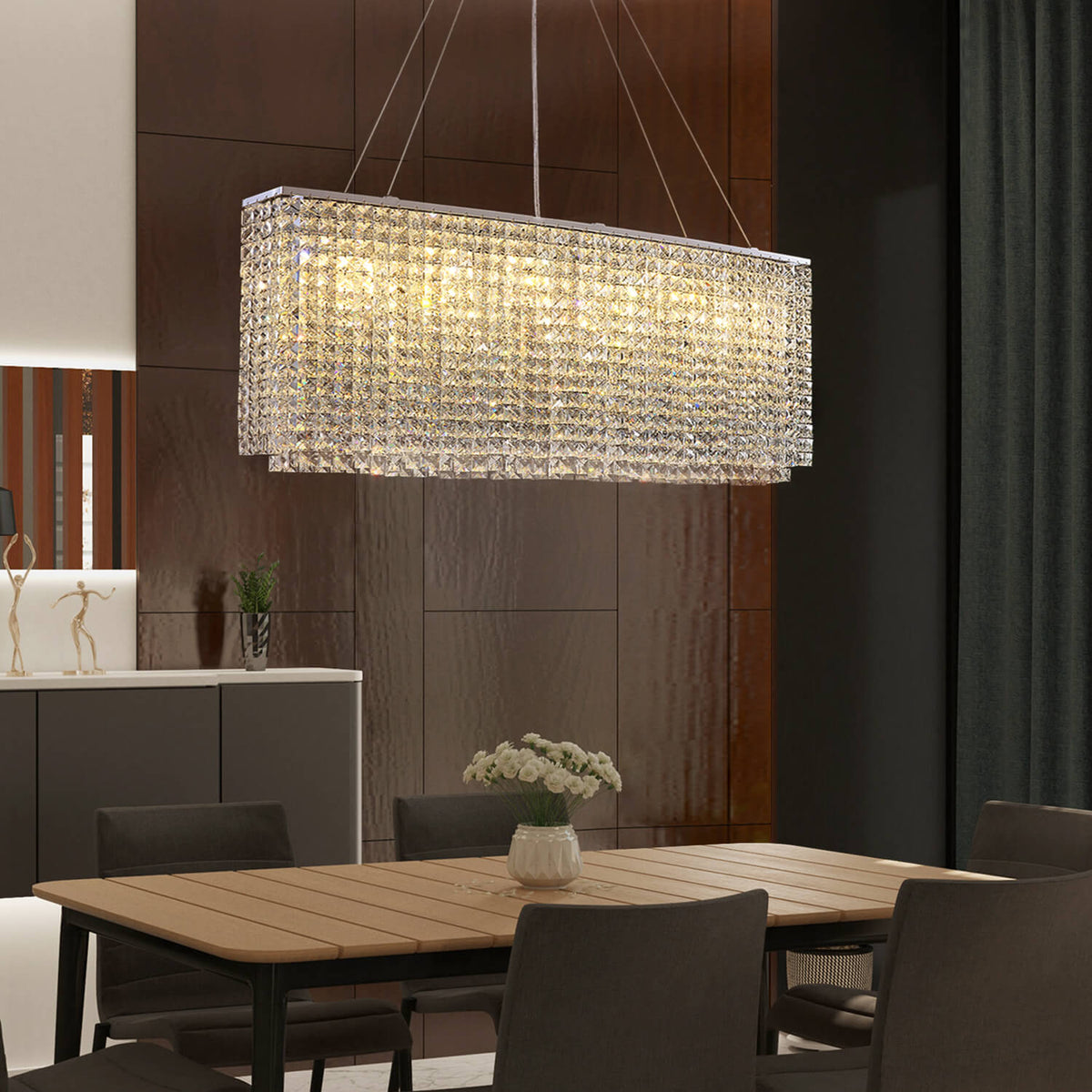 Lustre Rectangulaire Cristal Argenté Salle à Manger en situation