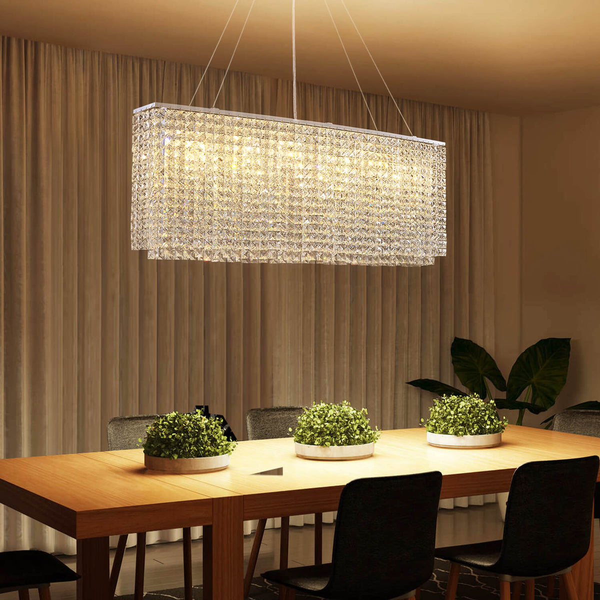 Lustre Rectangulaire Cristal Argenté Salle à Manger allumé ambiance