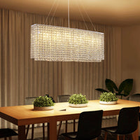 Lustre Rectangulaire Cristal Argenté Salle à Manger allumé ambiance
