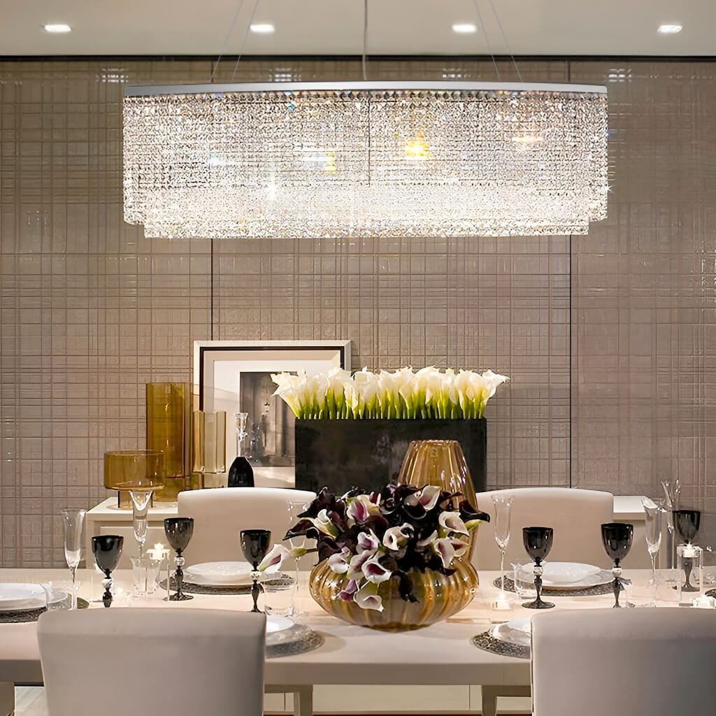 Lustre Rectangulaire Cristal Argenté Salle à Manger vue d'ensemble