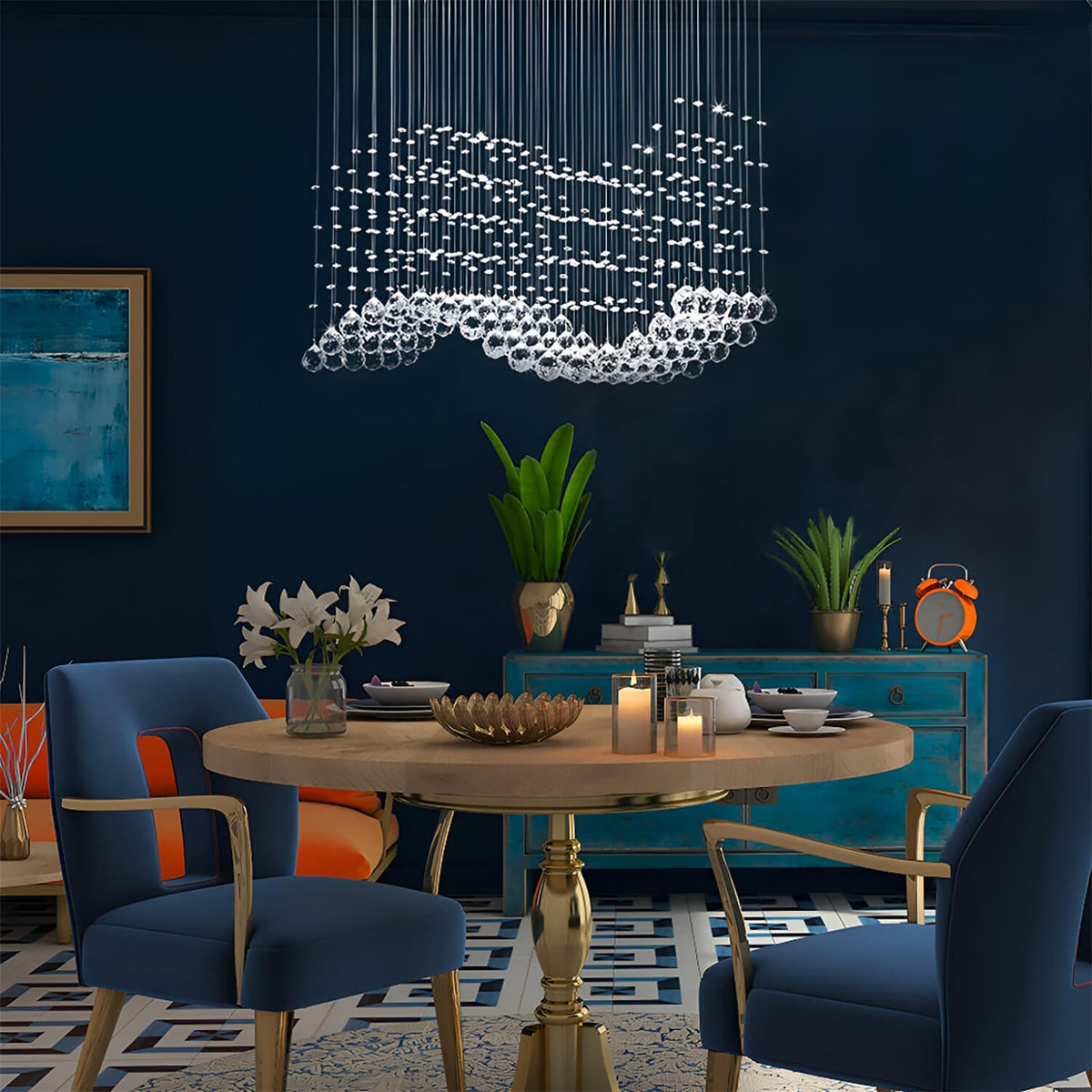 Lustre Rectangulaire Cristal Argenté Vague