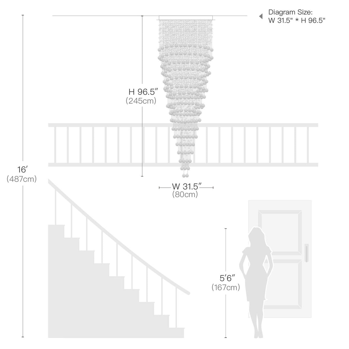 Lustre Rond Pluie Cristal K9 Chrome pour Escalier et Entrée
