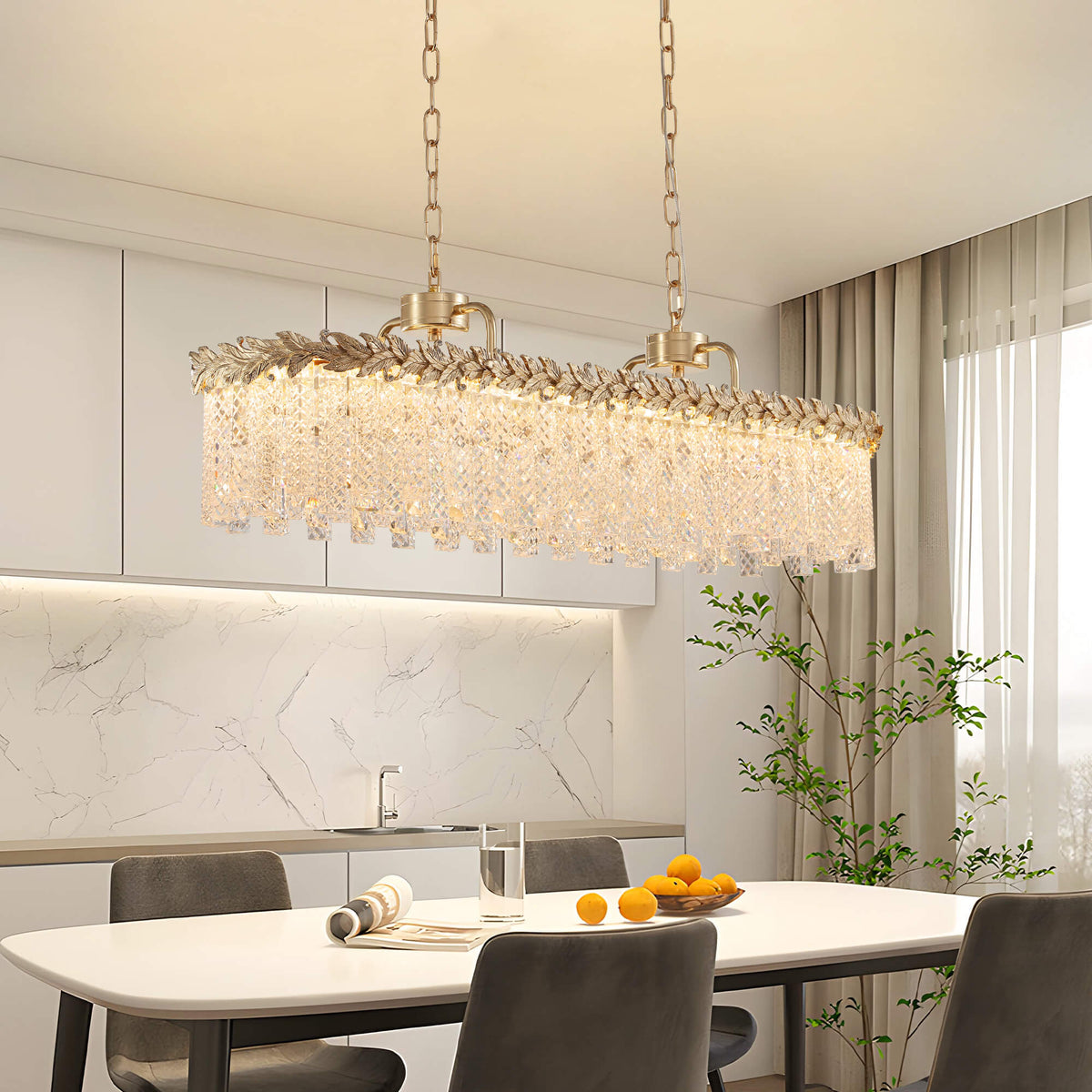 Lustre Rectangulaire Cristal Doré Îlot Cuisine