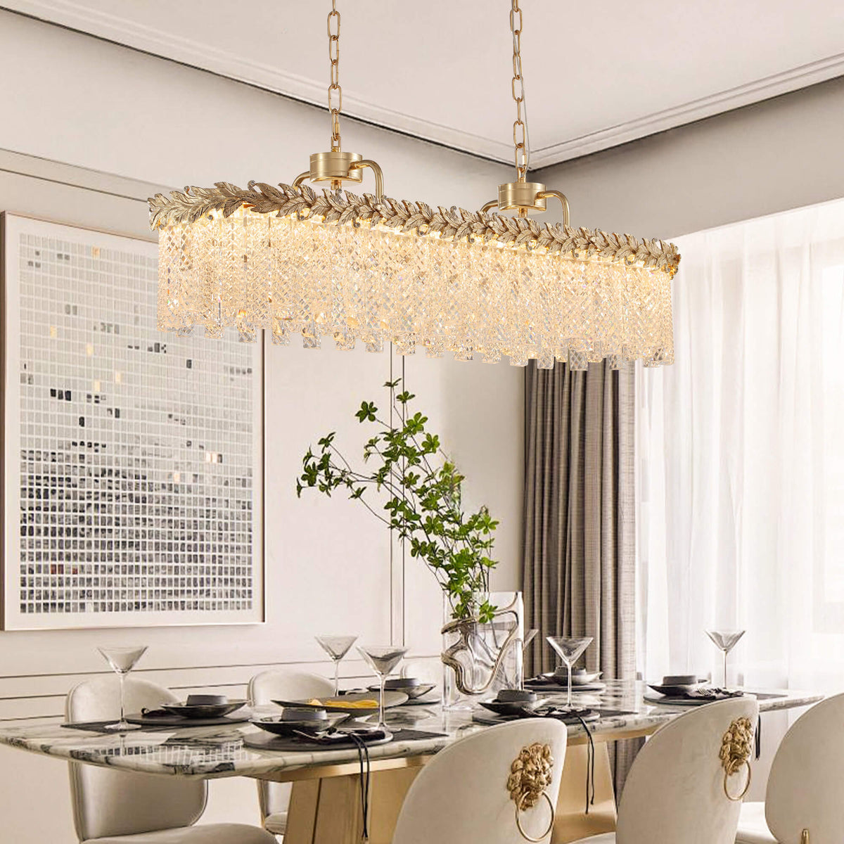 Lustre Rectangulaire Cristal Doré Îlot Cuisine