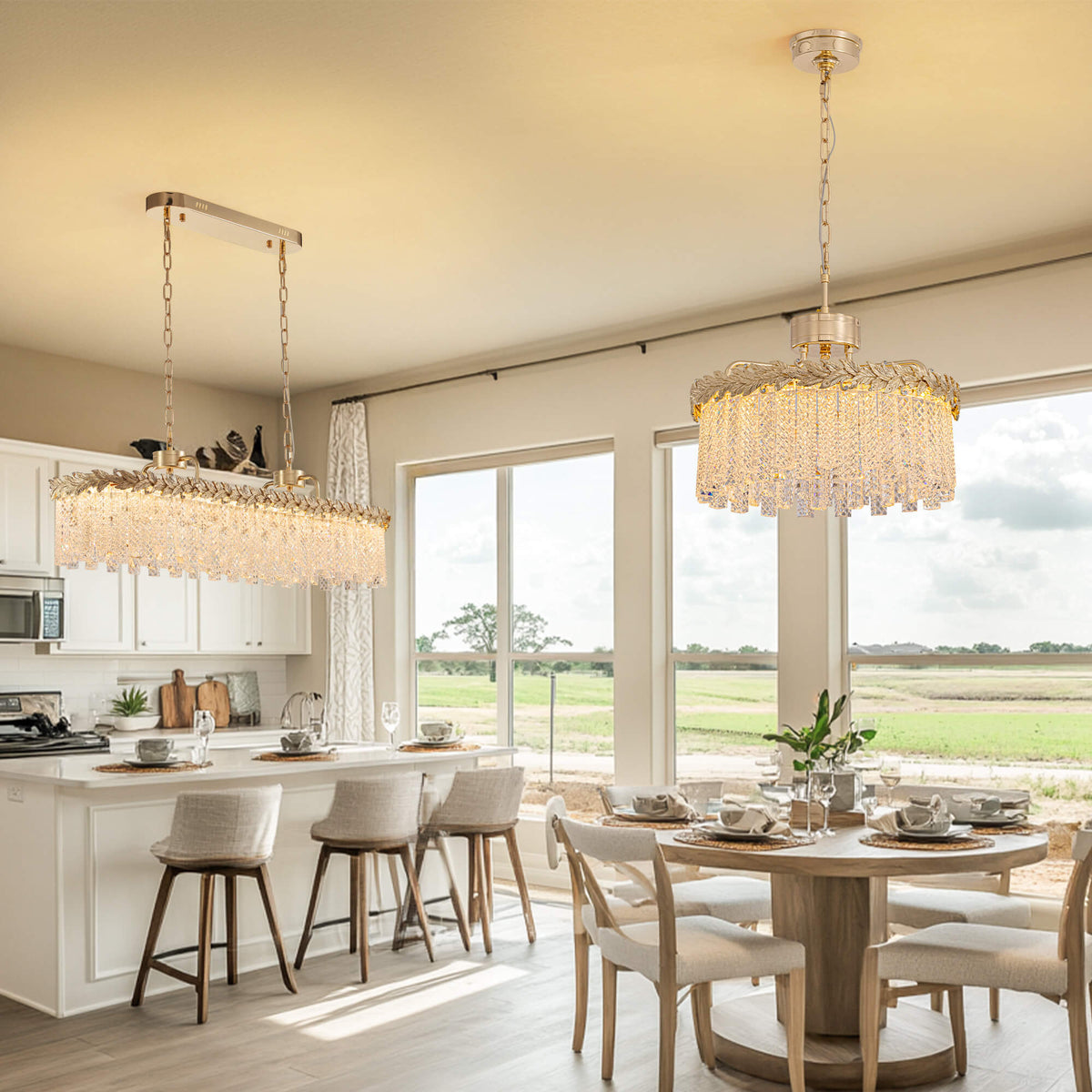 Lustre Rectangulaire Cristal Doré Îlot Cuisine