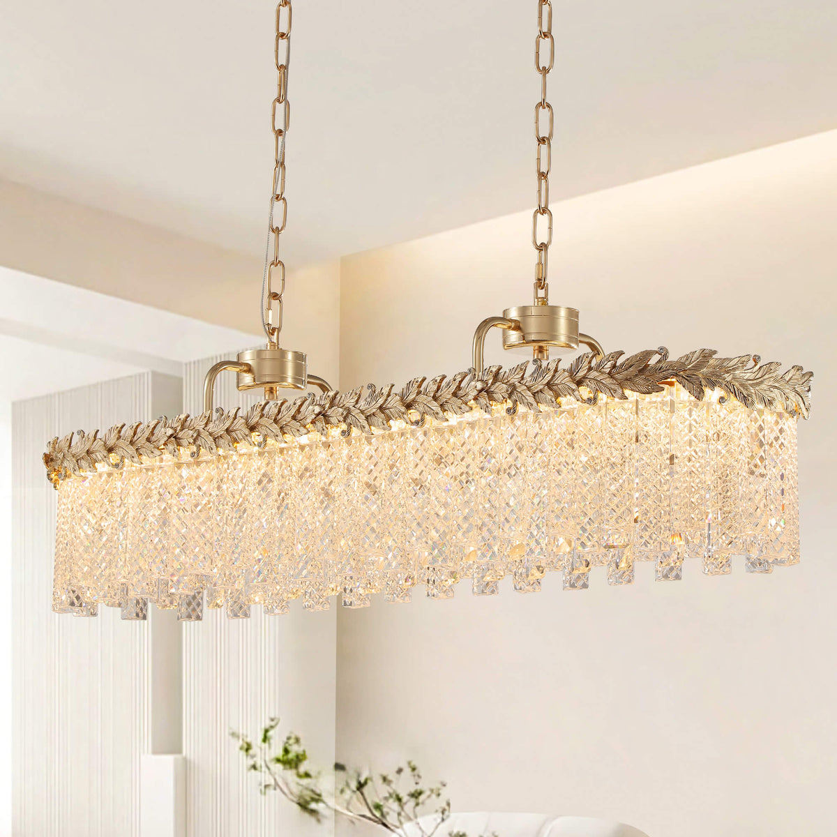 Lustre Rectangulaire Cristal Doré Îlot Cuisine