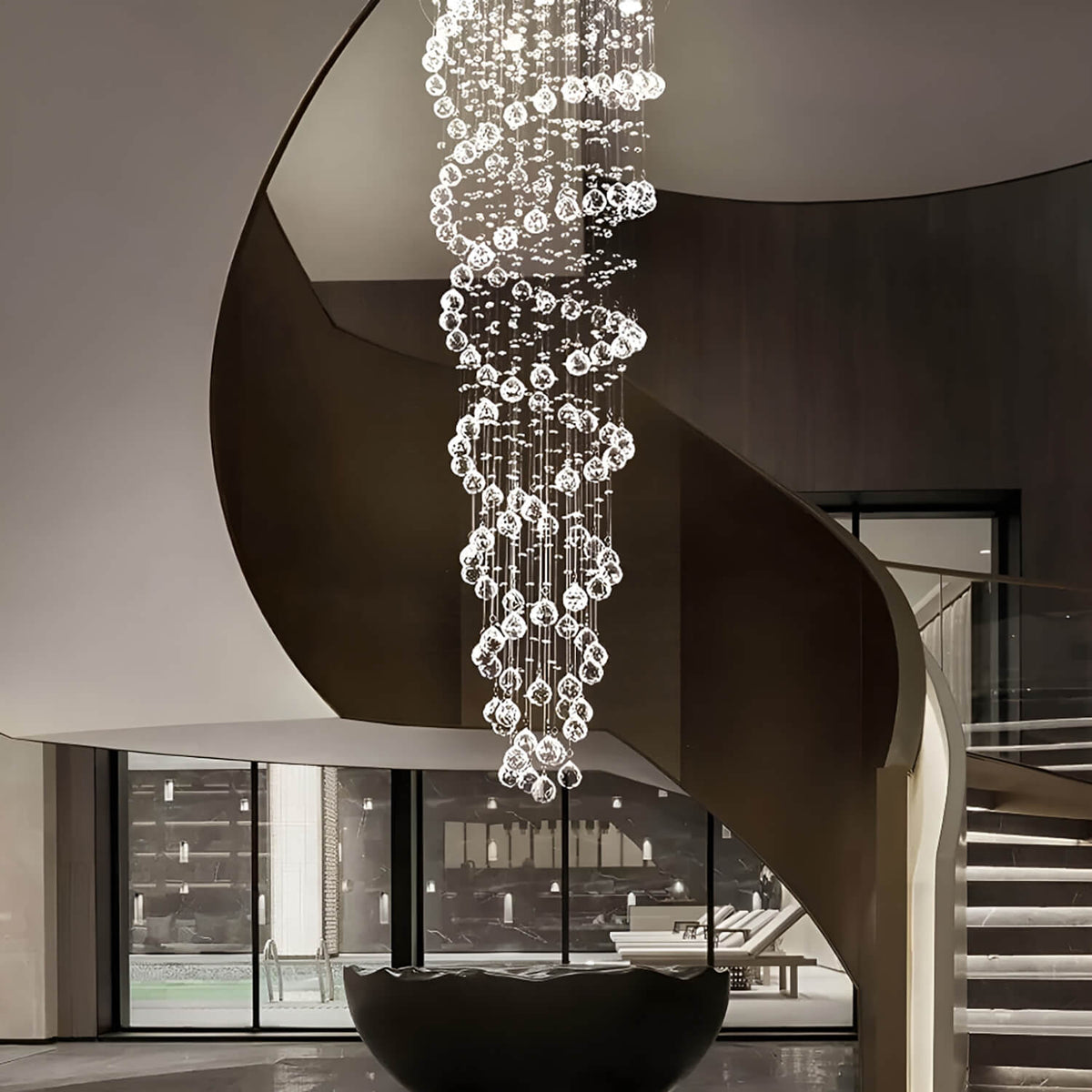 Lustre Double Spirale Cristal K9 Chrome pour Escalier et Entrée