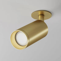 Spot orientable doré illuminant un couloir avec précision.