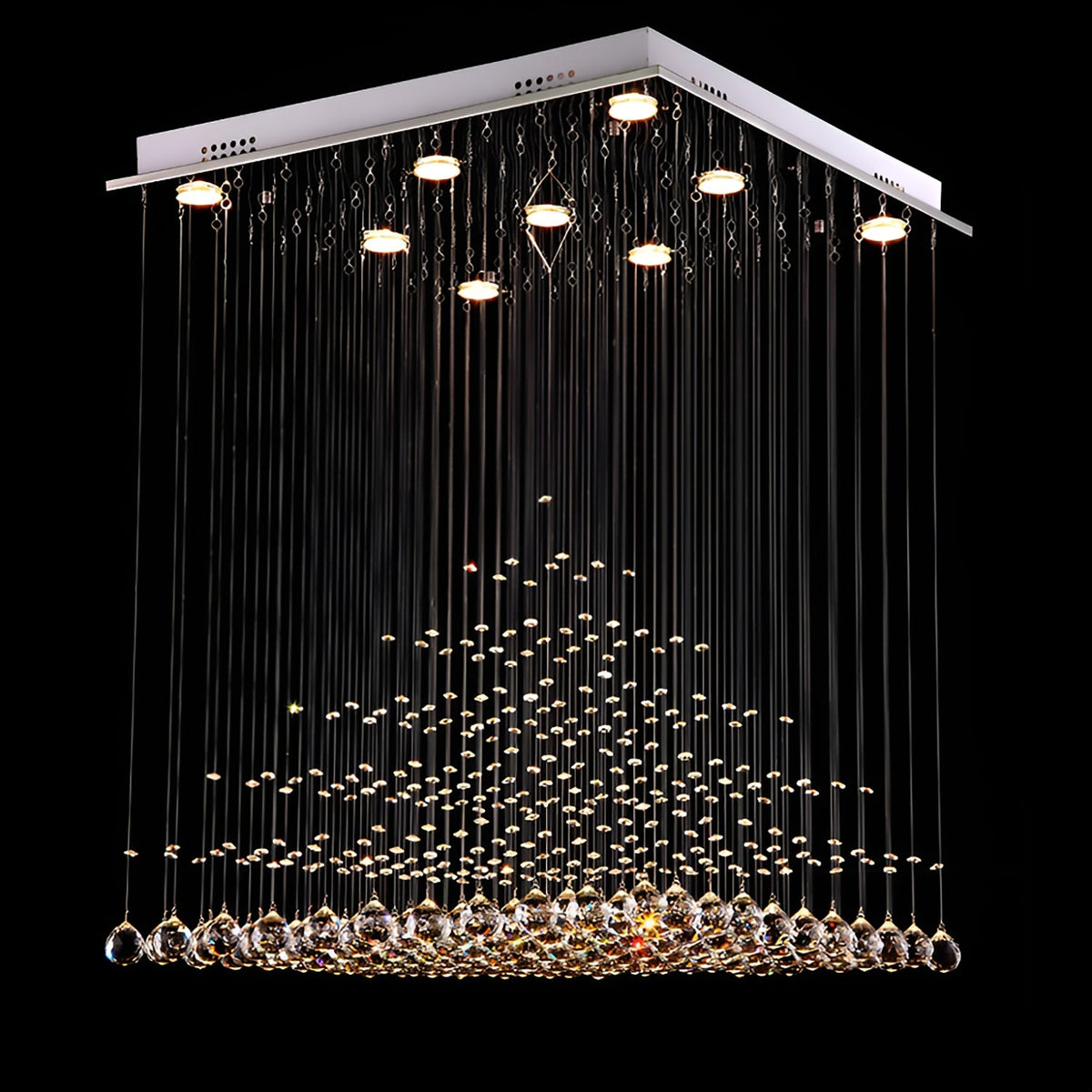Lustre Carré Cristal Argenté allumé ambiance