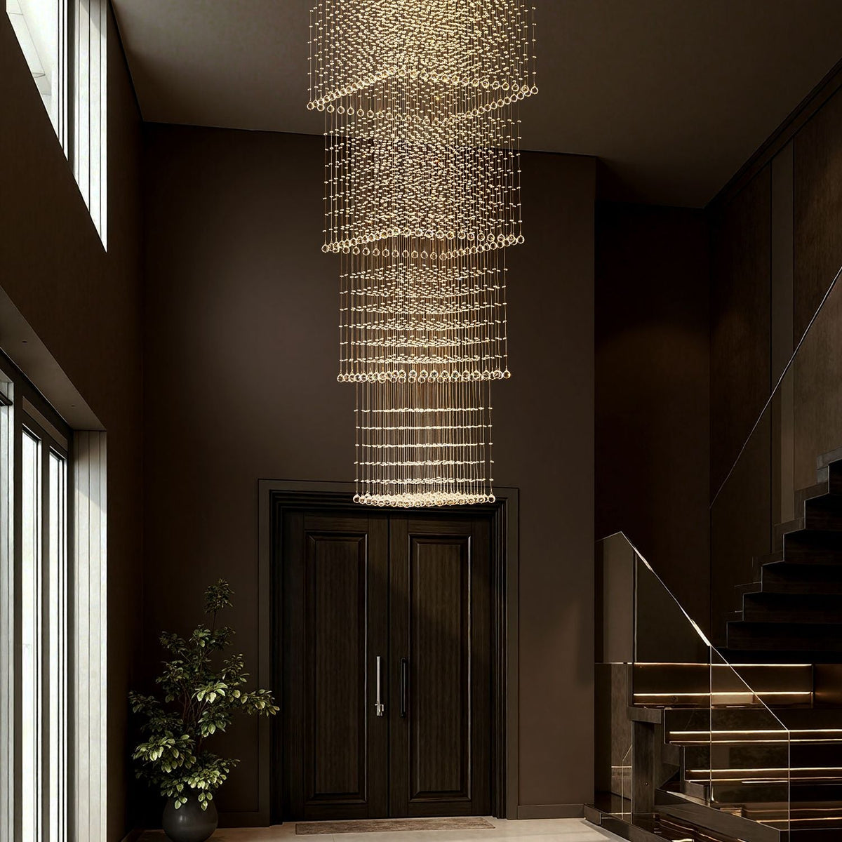 Lustre Cristal Gouttes Rectangulaire Long pour Escalier et Entrée