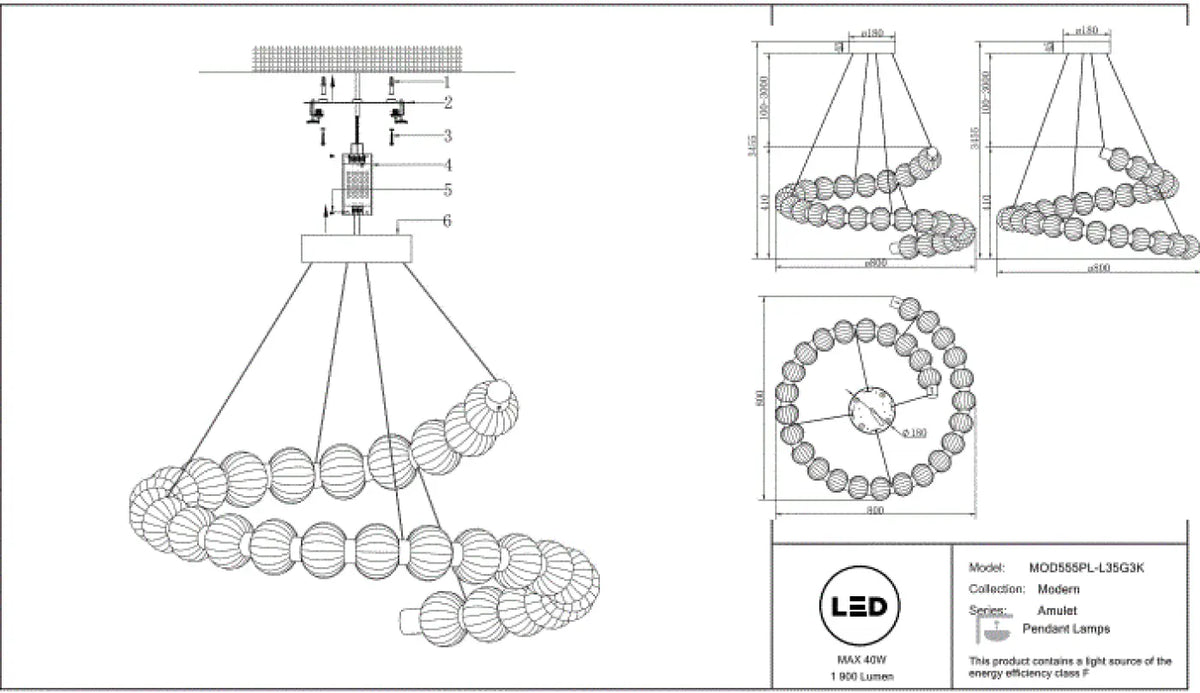Suspension anneau doré avec perles de verre strié suspendue au plafond, vue 7