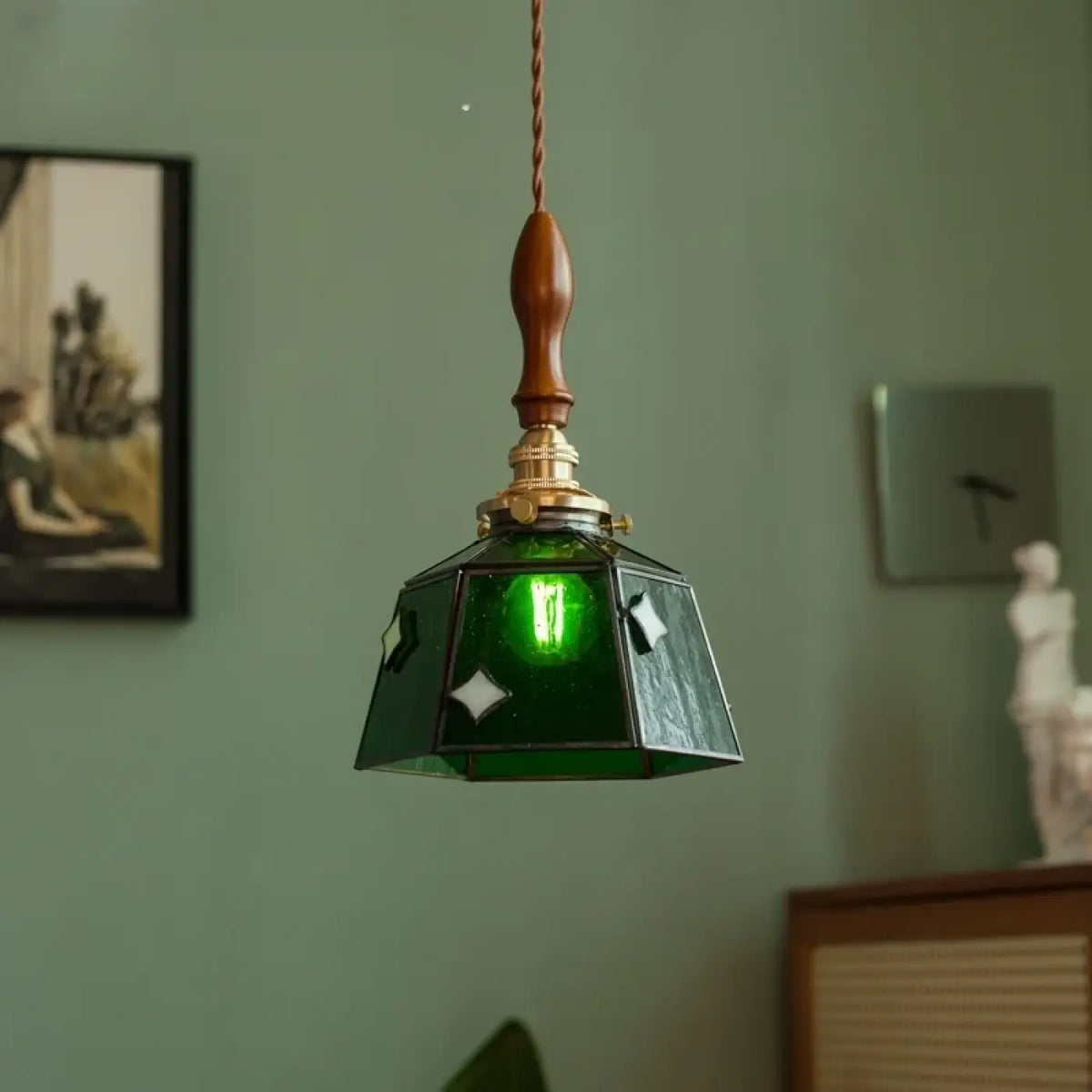 Suspension Verre Vert Art Déco Cuivre