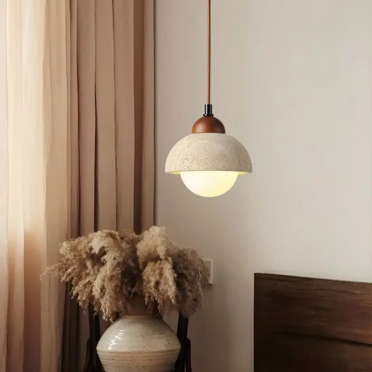 Lampe Suspendue Bois Travertin et Verre Ambré