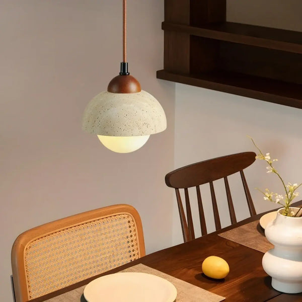 Lampe Suspendue Bois Travertin et Verre Ambré