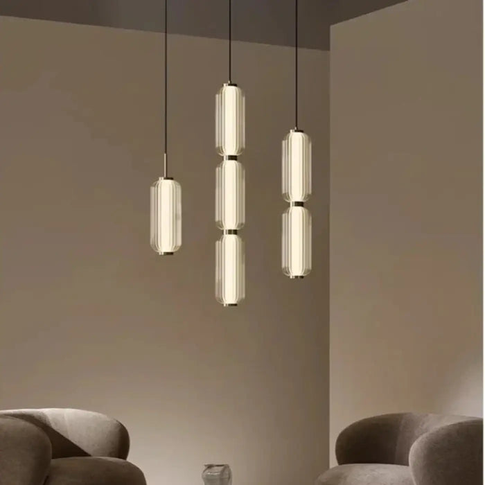 Suspension Cylindrique en Verre Nervuré Doré