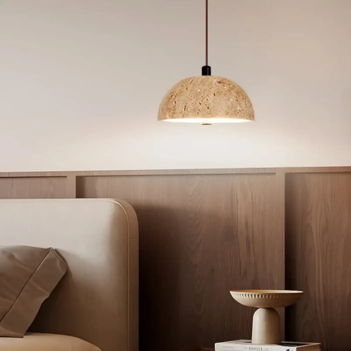 Lampe Suspendue Demi-Sphère en Travertin Beige