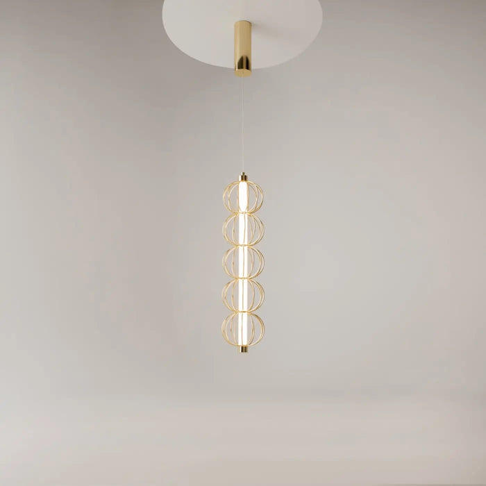 Suspension cage dorée avec tube lumineux vertical en acier fin doré