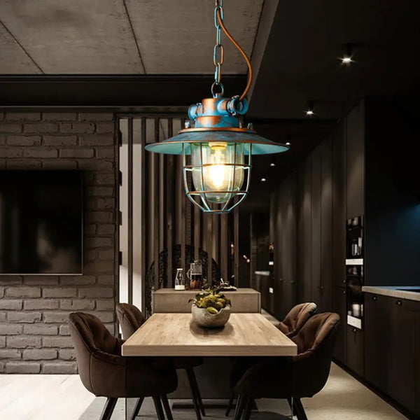 Lampe Suspendue Cage Industrielle en Métal et Verre