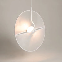 Suspension LED blanche avec disque textile translucide et diffuseur arrondi