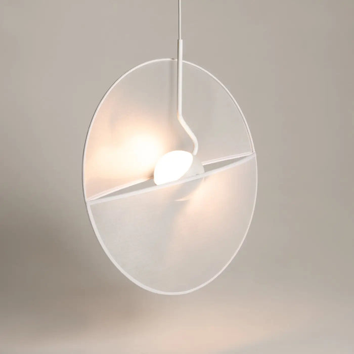 Suspension LED blanche avec disque textile translucide et diffuseur arrondi