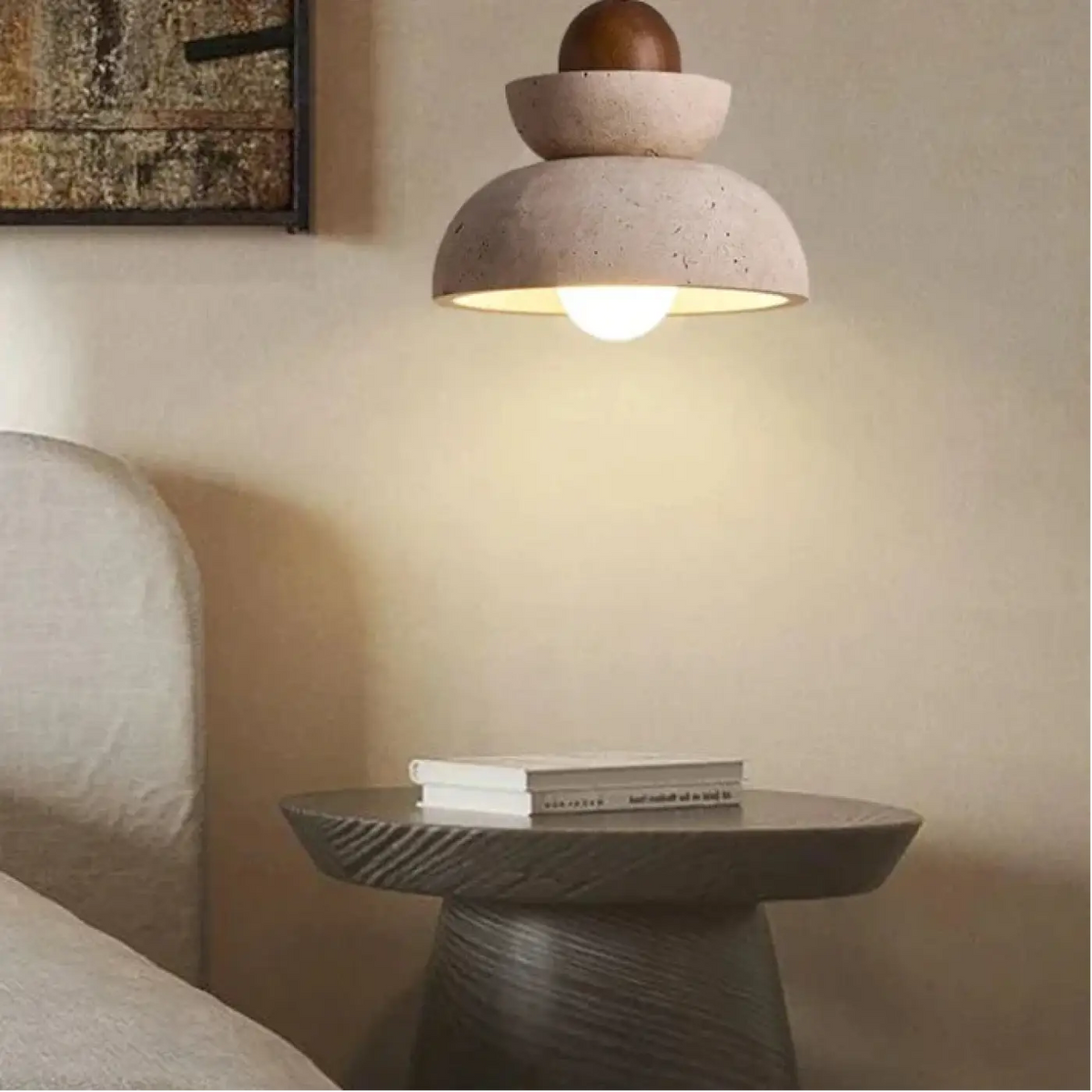 Lampe Suspendue Bois et Pierre Épurée