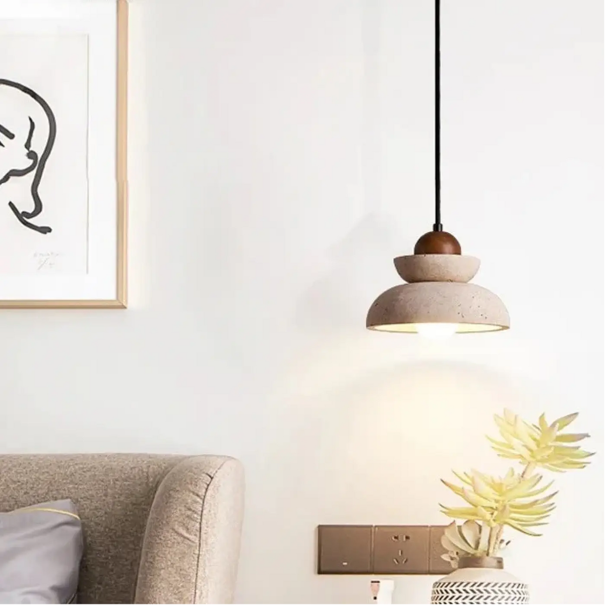 Lampe Suspendue Bois et Pierre Épurée