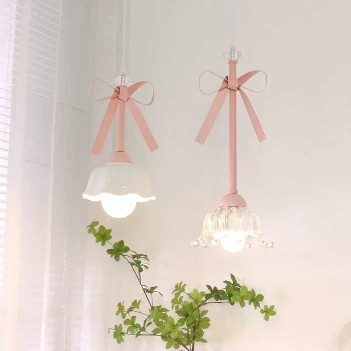 Lampe Suspendue Design à Rubans Roses et Verre