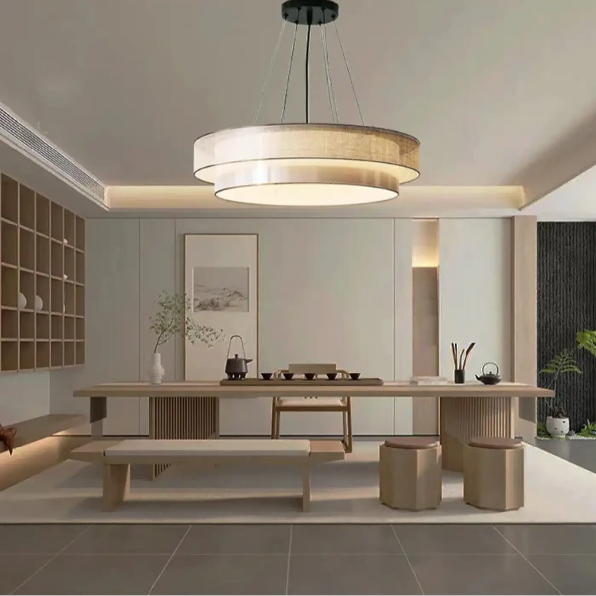 Lampe Suspendue Ronde en Tissu Beige