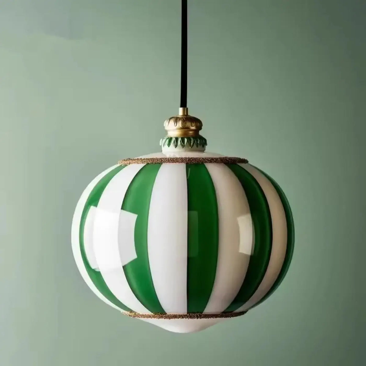 Lampe Suspendue Sphère en Verre Rayé Vert et Blanc