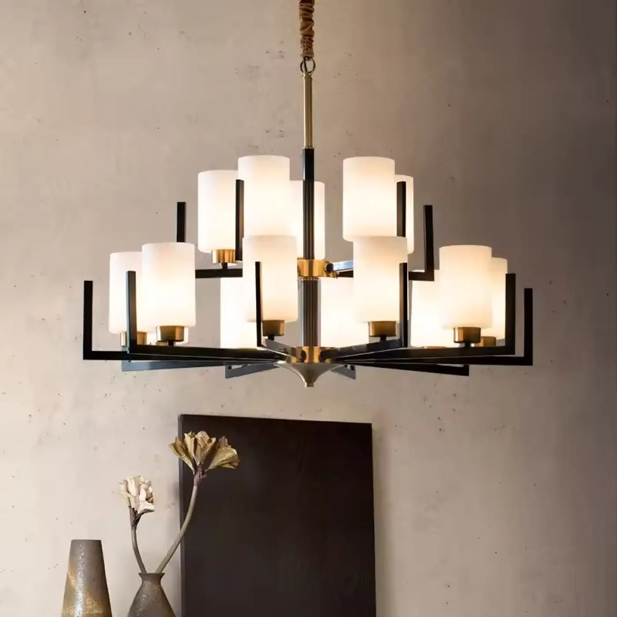 Lustre Suspendu Noir et Doré avec Abat-Jour en Verre
