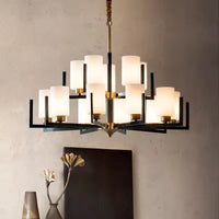 Lustre Suspendu Noir et Doré avec Abat-Jour en Verre