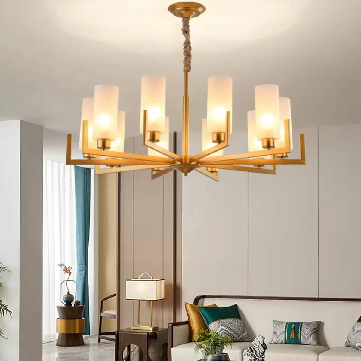 Lustre Suspendu Noir et Doré avec Abat-Jour en Verre