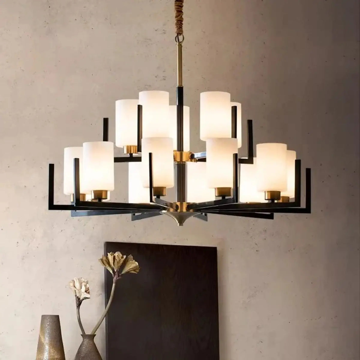 Lustre Suspendu Noir et Doré avec Abat-Jour en Verre