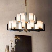 Lustre Suspendu Noir et Doré avec Abat-Jour en Verre